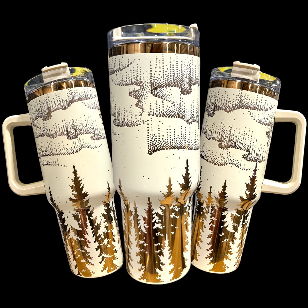 40oz Engraved Northern Lights Cream and Copper Tumbler